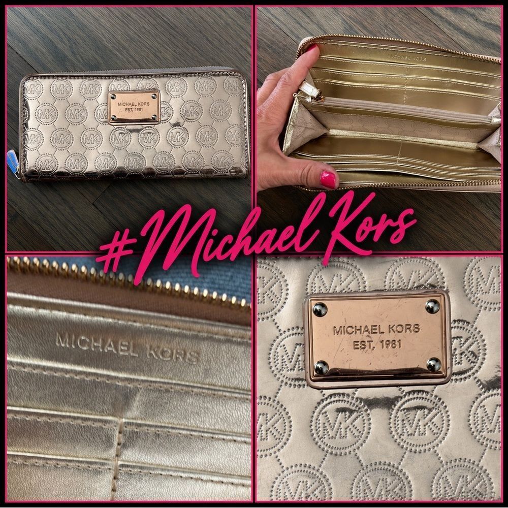*Michael Kors* Monogram Gold Mirror Patent Large Wallet